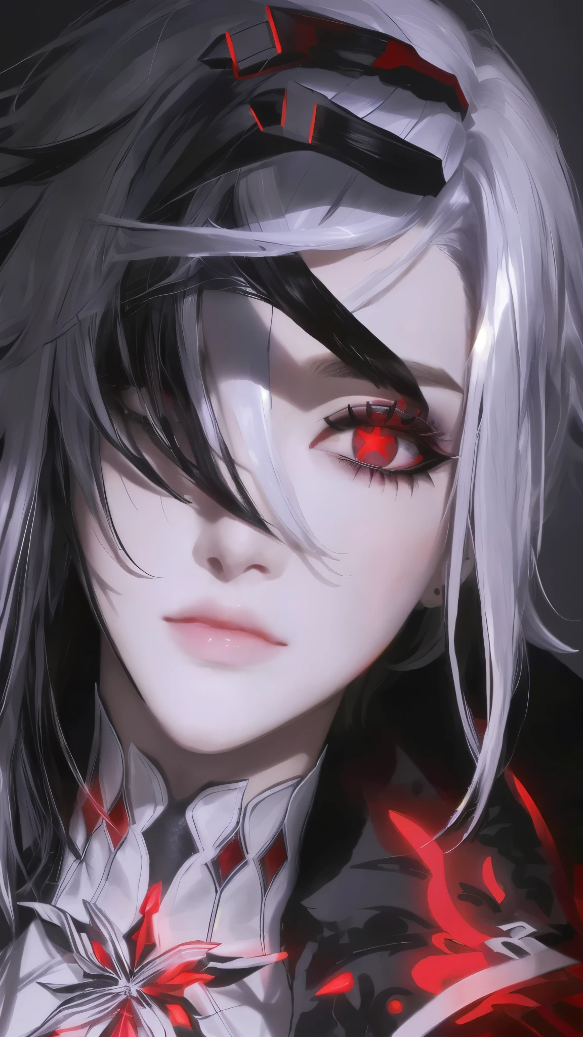 Short curly hair，Straight Hair，White hair，Black Hair，Colorful Hair，Eyeliner，Glowing red eyes, Red X pupil，Cold，Realistic style