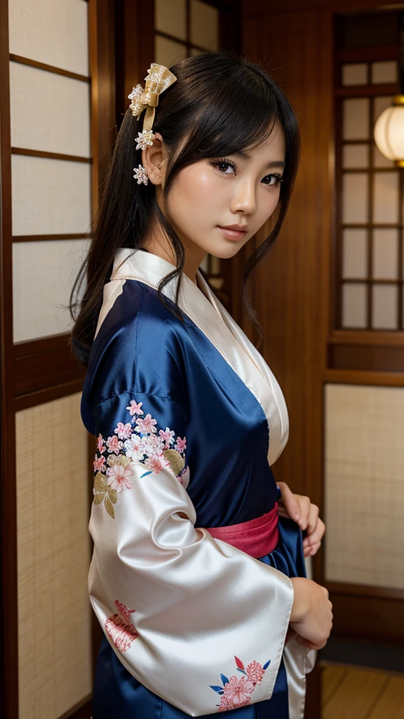 a pretty asian girl, wearing a silk kimono, big ribbon ornament on hair, 