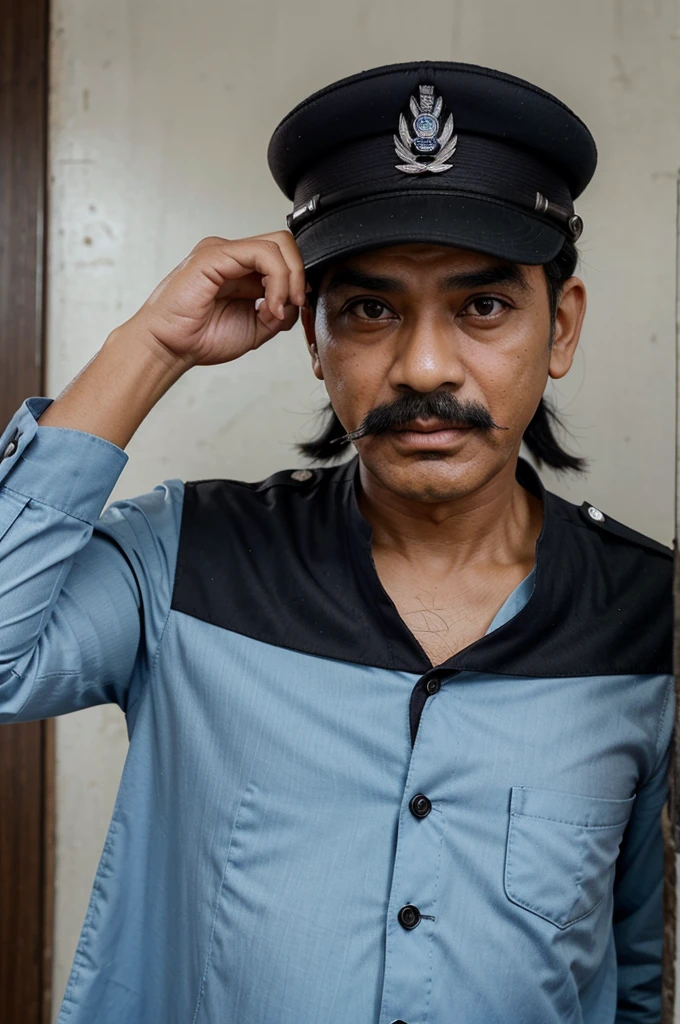 pria umur sekitar 50 tahun dengan kumis tipis dan panjang memakai topi polisi eropa dan memakai jas sedang berdiri dengan pose seluruh tubuh bertema KARIKATUR dengan grpafik realistik