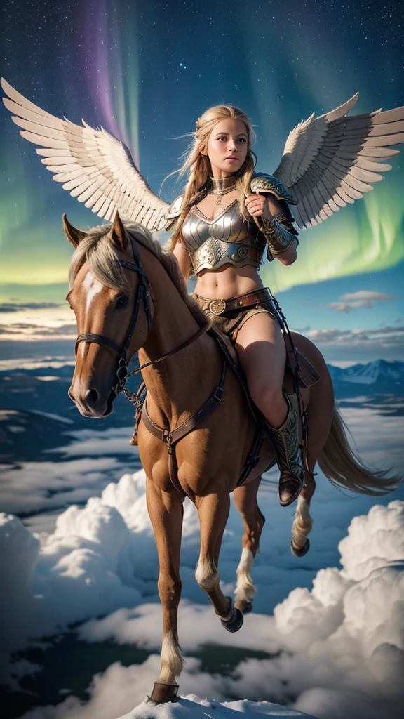 Pegasus mounted VIKING,
FLYING HIGH IN the SKY portrait of a fit aged model as Valkyrie, winged/horse Pegasus, flying above over ruins of a smoldering Viking battlefield, blond braids fling wildly, carrying a long pointed oak spear, looking down from above she swoops in from out of clouds,
wearing shining ornate Viking runes shield and armor, up above a majestic northern lights shimmering, Scandinavian woodland backdrop, detailed, candid moment, vintage Polaroid camera, photorealistic