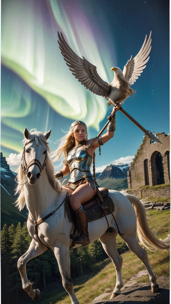 Pegasus mounted VIKING,
FLYING HIGH IN the SKY portrait of a fit teenaged model as Valkyrie, winged/horse Pegasus, flying above over ruins of a smoldering Viking battlefield, blond braids fling wildly, carrying a long pointed oak spear, looking down from above she swoops in from out of clouds,
wearing shining ornate Viking runes shield and armor, up above a majestic northern lights shimmering, Scandinavian woodland backdrop, detailed, candid moment, vintage Polaroid camera, photorealistic
