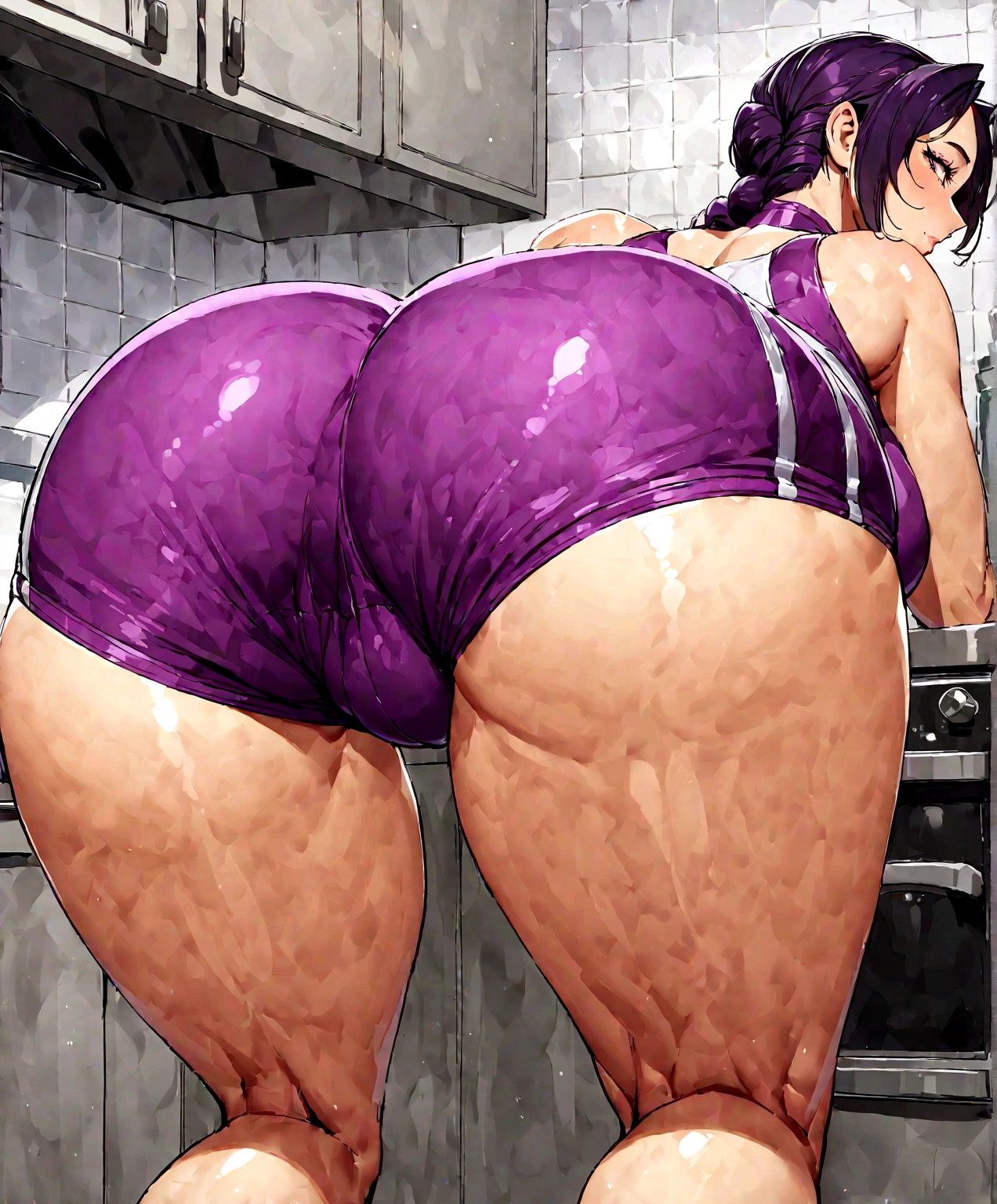araffe woman in purple shorts leaning against a refrigerator, booty shorts, thick thigs, in shorts, sexy girl wearing shorts, in the kitchen, bending over, tight attire, tight fit, amouranth, tight outfit, better known as amouranth, waist - shot, very perfect position, at the counter, big booty, somewhat bent over