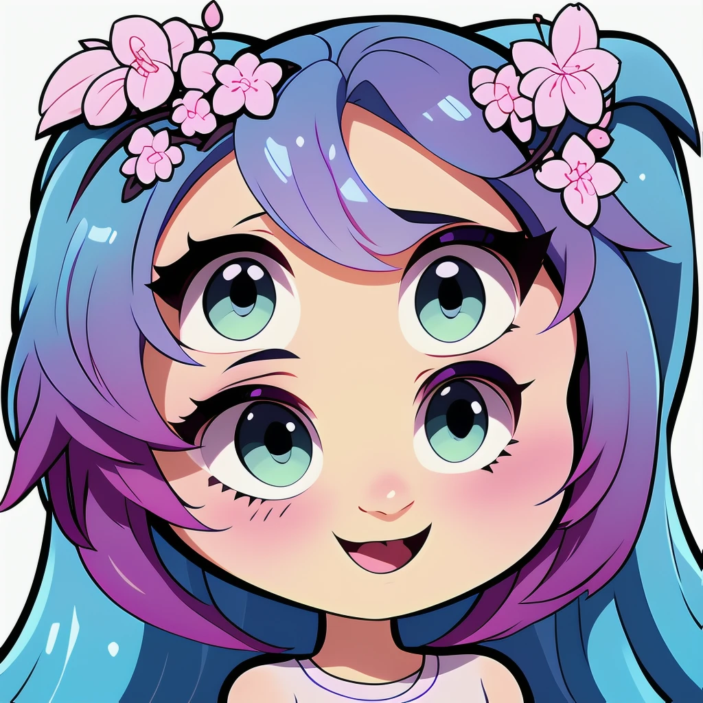 Masterpiece, Anime Style, Chibi, Illustrated Logo, Medium Short Shot, Twitch Emote of a Girl, with long hair, straight hair, vibrant blue hair, green eyes, tan skin, wearing a purple t-shirt, very happy celebrating, background white.