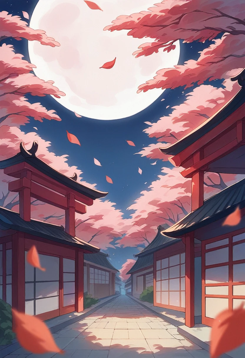"Create a stylized and dramatic scene set in a traditional Japanese street at night. The scene features a person in traditional Japanese attire with a straw hat, standing and facing away. The street is lined with red lanterns hanging from poles, casting a warm glow. Cherry blossom trees with vibrant red leaves are visible, and the full moon illuminates the sky, adding a mystical atmosphere. The background includes traditional Japanese buildings, enhancing the cultural setting."