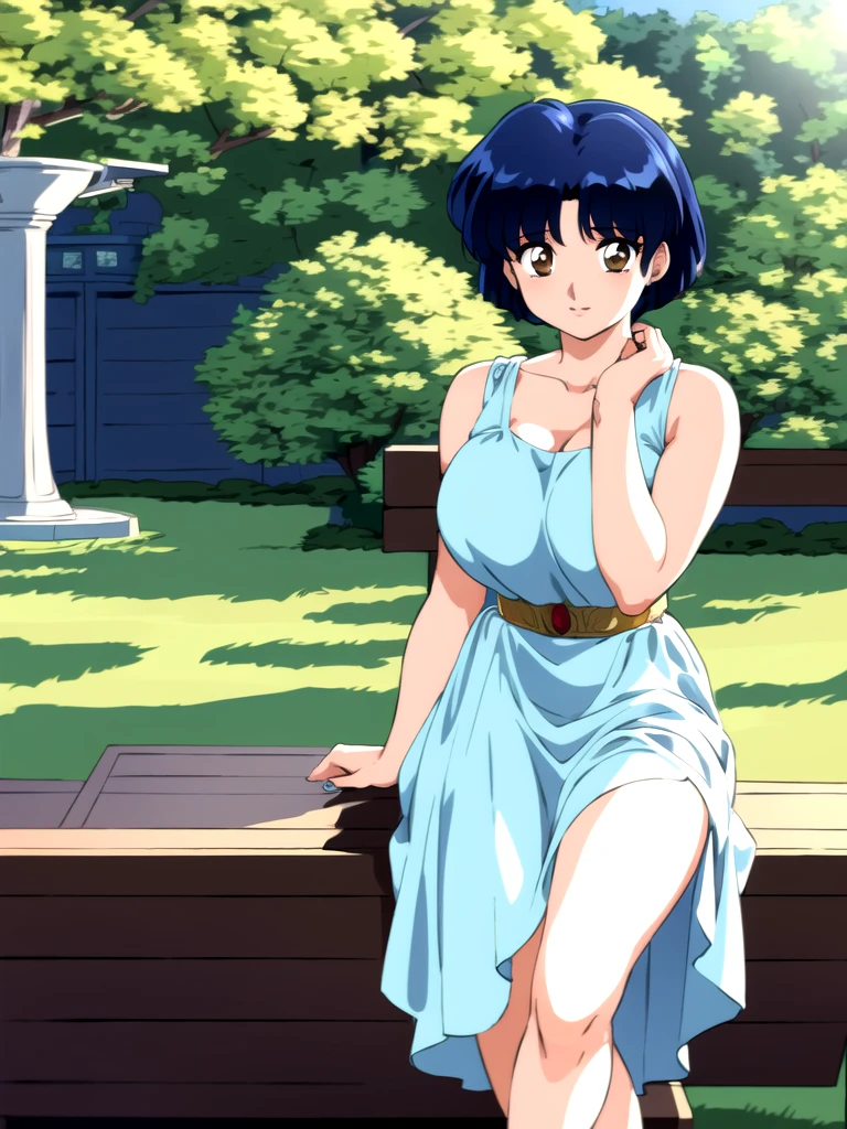 HDR, CG, sharp focus, (8k), (4k), masterpiece, best quality, detailed skin, extremely detailed, hiper detailed, sharp focus, looking at viewer, high quality, AKANE, Akane tendou, short hair, blue hair, brown eyes ,curtain pelvic DRESS, tetas grandes bush, solo, 1girl, sit on bench, park background, hands on chest, heels, white dress,
