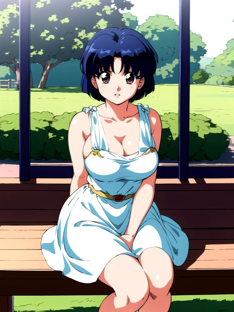HDR, CG, sharp focus, (8k), (4k), masterpiece, best quality, detailed skin, extremely detailed, hiper detailed,  sharp focus, looking at viewer, high quality,  AKANE, Akane tendou, short hair, blue hair, brown eyes ,curtain pelvic DRESS,  tetas grandes bush, solo, 1girl, sit on bench, park background, hands on chest, heels,  white dress,
