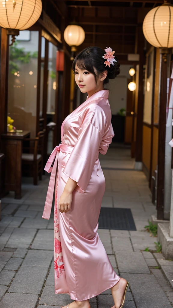a pretty asian girl, full body, wearing a silk pink kimono, big ribbon ornament on hair,