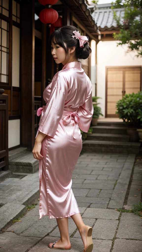 a pretty asian girl, full body, wearing a silk pink kimono, big ribbon ornament on hair,