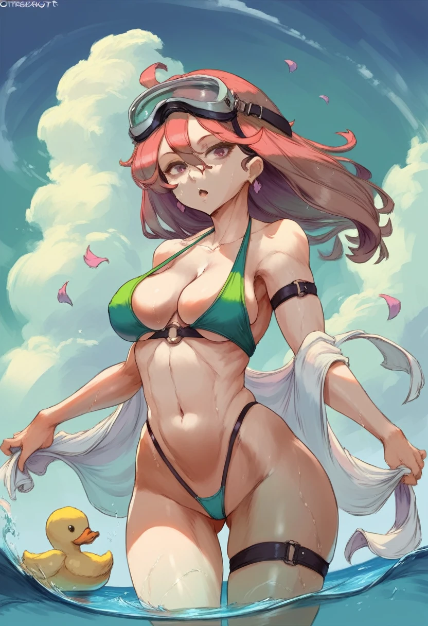 1girl, swimsuit, bikini, breasts, solo, long_hair, flower, navel, goggles, hair_ornament, hair_flower, wading, day, outdoors, water, pink_eyes, sun, looking_at_viewer, cutesexyrobutts style, sky, green_bikini, petals, snorkel, rubber_duck, jewelry, white_hair, arm_strap, thigh_strap, goggles_on_head, medium_breasts, earrings, cleavage, blue_sky, towel, very_long_hair, wet, diving_mask, cloud, collarbone, open_mouth, ocean, highleg_bikini, sunlight, ass_visible_through_thighs, bare_shoulders, shawl, standing