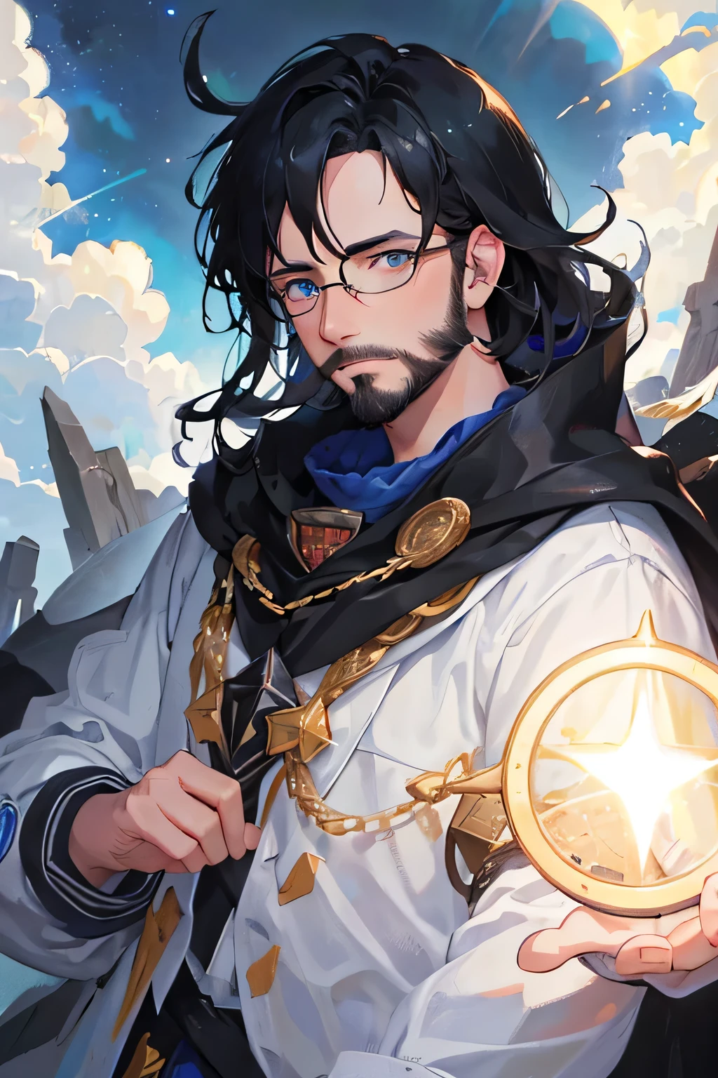 Film quality, One Man in Heaven, close, Cloudy, Soft Lighting, Starry Sky, Handsome man with round glasses, View the viewer, blue eyes, Black-haired, Blackbeard