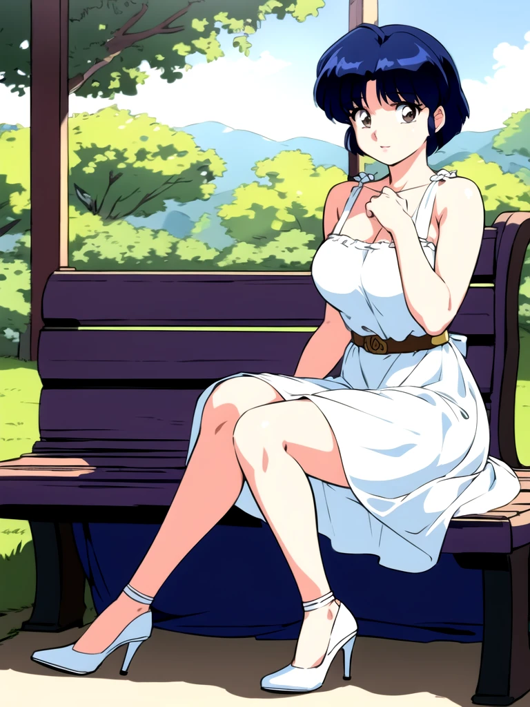 HDR, CG, sharp focus, (8k), (4k), masterpiece, best quality, detailed skin, extremely detailed, hiper detailed, sharp focus, looking at viewer, high quality, AKANE, Akane tendou, short hair, blue hair, brown eyes ,curtain pelvic DRESS, tetas grandes bush, solo, 1girl, sit on bench, park background, hands on chest, heels, white dress,
