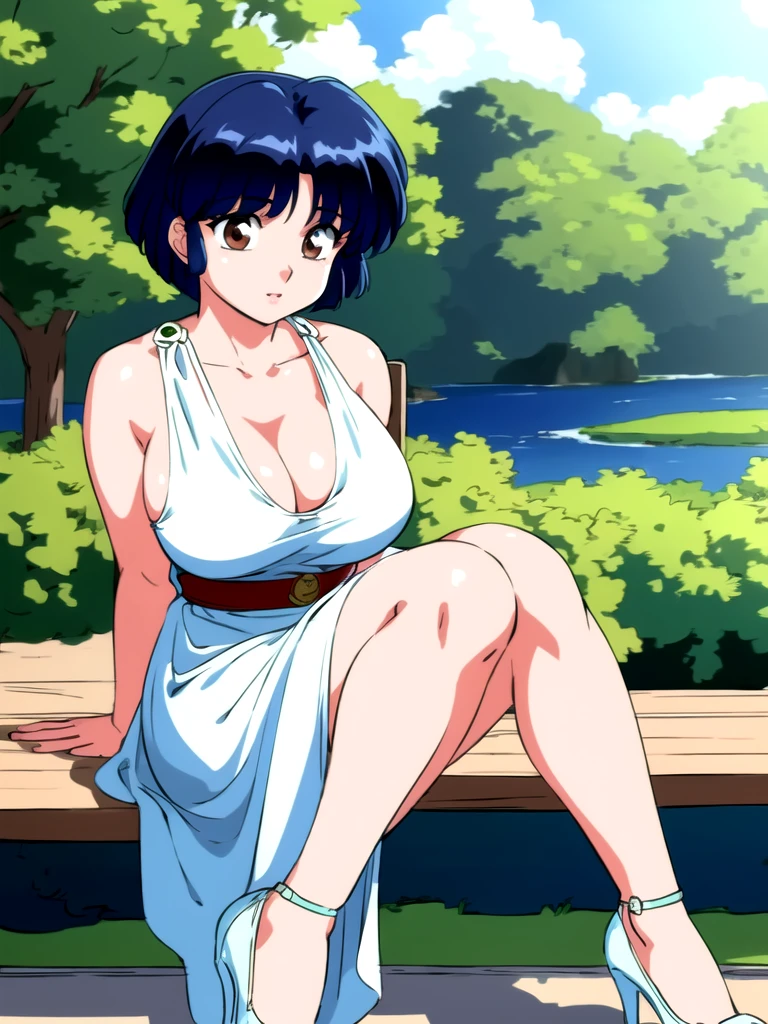 HDR, CG, sharp focus, (8k), (4k), masterpiece, best quality, detailed skin, extremely detailed, hiper detailed,  sharp focus, looking at viewer, high quality,  AKANE, Akane tendou, short hair, blue hair, brown eyes ,curtain pelvic DRESS,  tetas grandes bush, solo, 1girl, sit on bench, park background, hands on chest, heels,  white dress,
