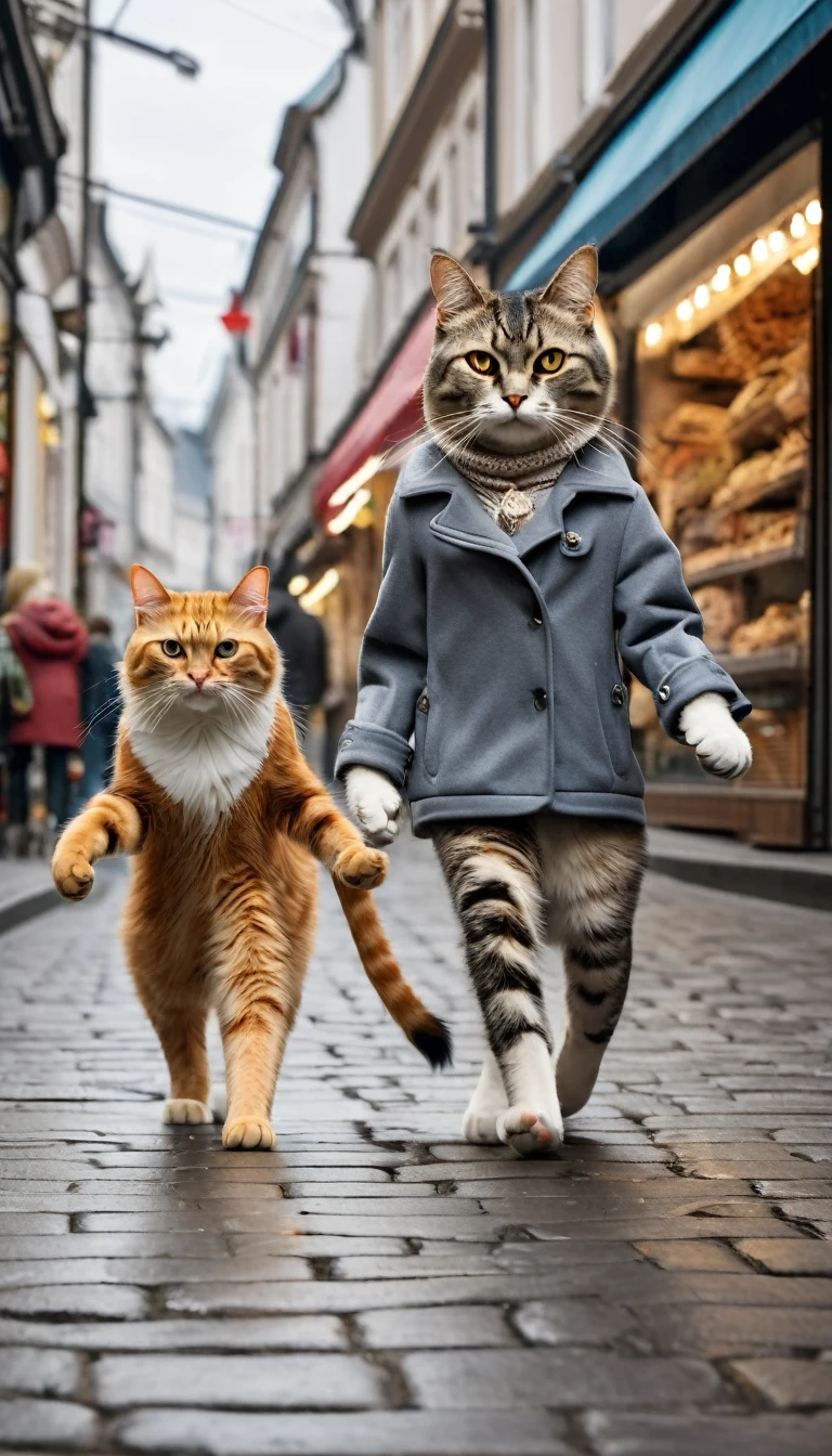 Anthropomorphic cat,Two animal legs,A male cat and a female cat walking hand in hand on the street,Many shops and passers-by in the background