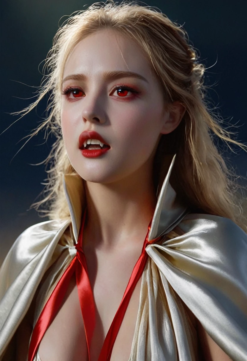 Vampyfangs,(RAW Photo) , (highly detailed:1.20) , ultra realistic :1.10) , 2girls , sexy girls in their 20s , (perfect face:1.20) , (detailed red eyes:1.20) , with long blonde hair in ponytail , (((long silver and gold lined satin cape tied at the neck with a ribbon :1.20))) , full body, standing on windy hilltop at night , full moon , biting necks , high-quality ultra realistic style, detailed eyes, professional, expressive , 8K , highly detailed , professional,