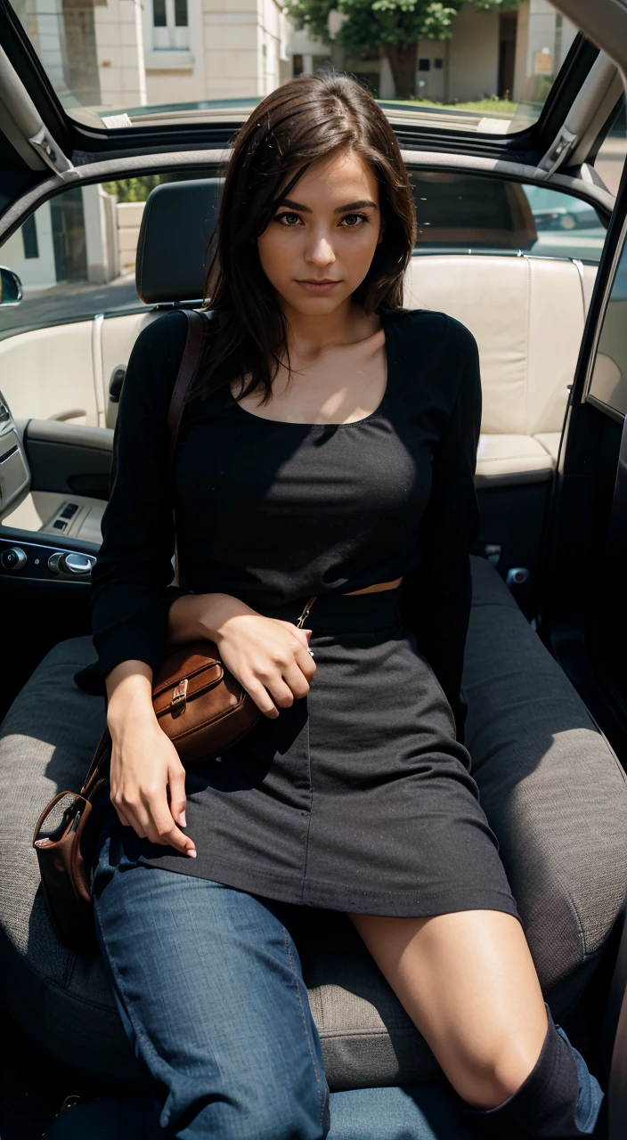 Arafed femme assise dans une voiture avec un sac sur l'shoulder., Beau visage attrayant, extremely beautiful face, Visage parfait ), visage beau et attrayant, Sydney Sweeney, cheveux brun et yeux marron , la plus belle femme du monde, fille attirante, beautiful model girl, Instagram Model, pale, peau brillante, natural soft pale skin, yeux marron et cheveux beun, beautiful female model