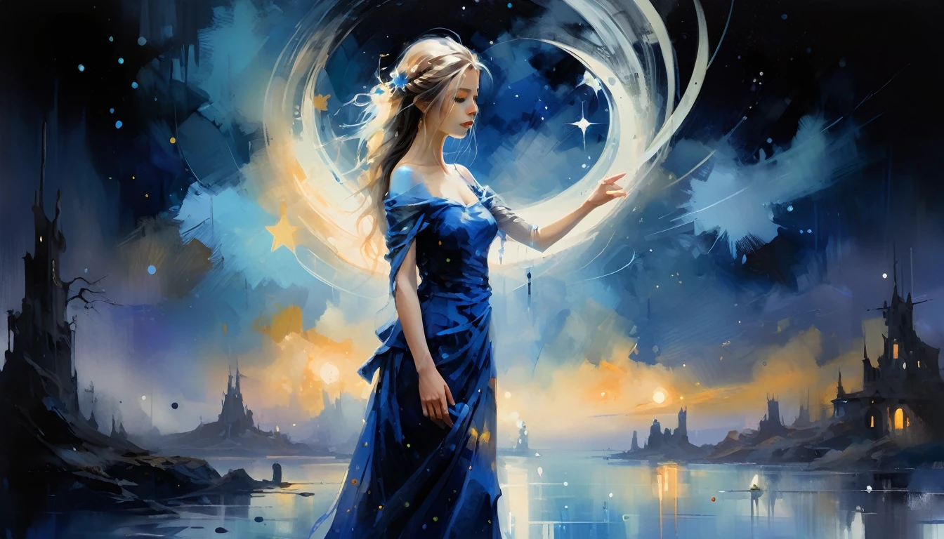 dream scenario,arte conceitual,arte digital,Direction: Anne Bachelier,a glowing circle of neon color,
A woman wearing a long blue dress with her hair tied up stands against the background of a dark blue night sky. Her long dress is decorated with star dots,which appear to be the reflection of stars in the night sky. Mystery and romance,starry sky,universe and infinite space of imagination,realista e abstrato,sonhador e surrealista,the use of colors is very unique. O fundo azul escuro forma uma unidade harmoniosa com o vestido azul feminino,but also highlights the feminine image,star beautification adds a touch of vitality and vitality to the image,making the whole image more vivid and interesting,unique creativity and exquisite painting,misterioso,romantic and surreal atmosphere,full of imagination,oil and watercolor painting,