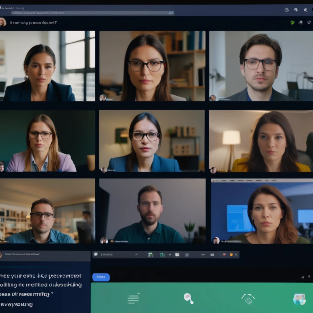 7 frames of people on screens in an online meeting. all looking bored or bothered. dark cluttered Office environment.