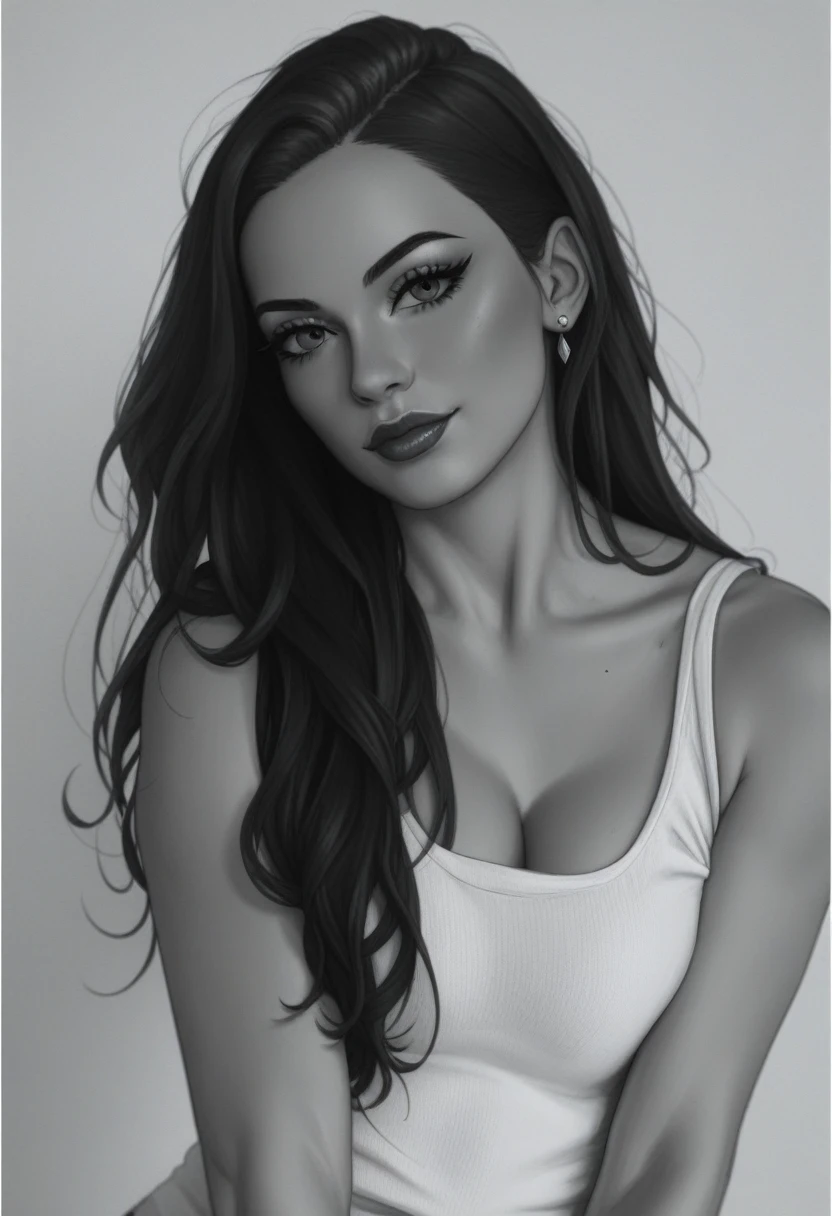 a black and white photo of a woman with long hair, kailee mandel, madison beer girl portrait, in black and white, b&w photo, a black and white photo, black and white portrait, halfbody headshot, inspired by Louisa Matthíasdóttir, uploaded, malika favre, 2 4 year old female model