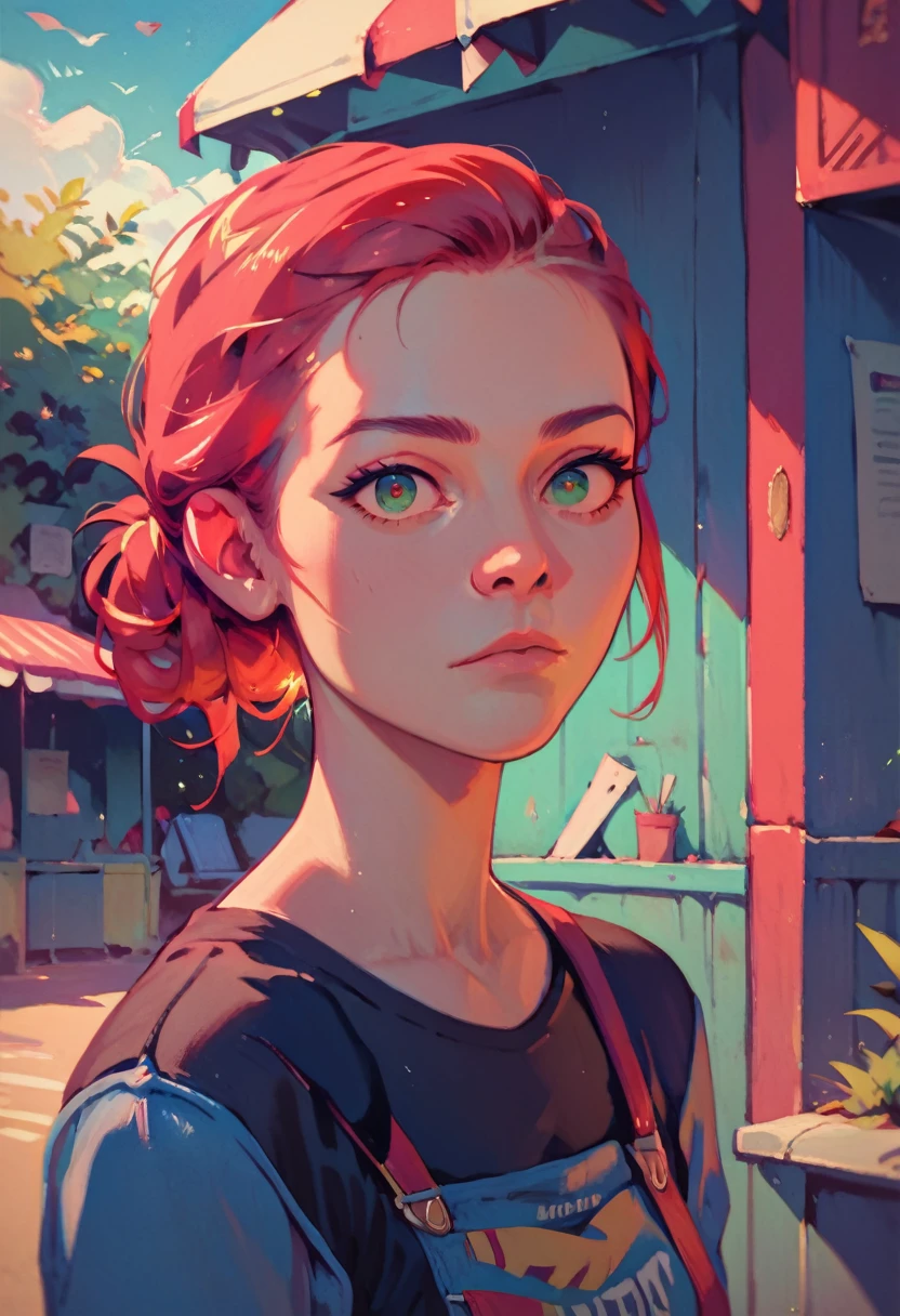 ((red hair)), green eyes, half bun hair, bust, ((curious look)), ((masterpiece)), ((detailed)), ((black shirt)), ((blue jeans)), ((best quality)), ((outside)), small breasts, ((bright)), (pretty eyes), looking at viewer
