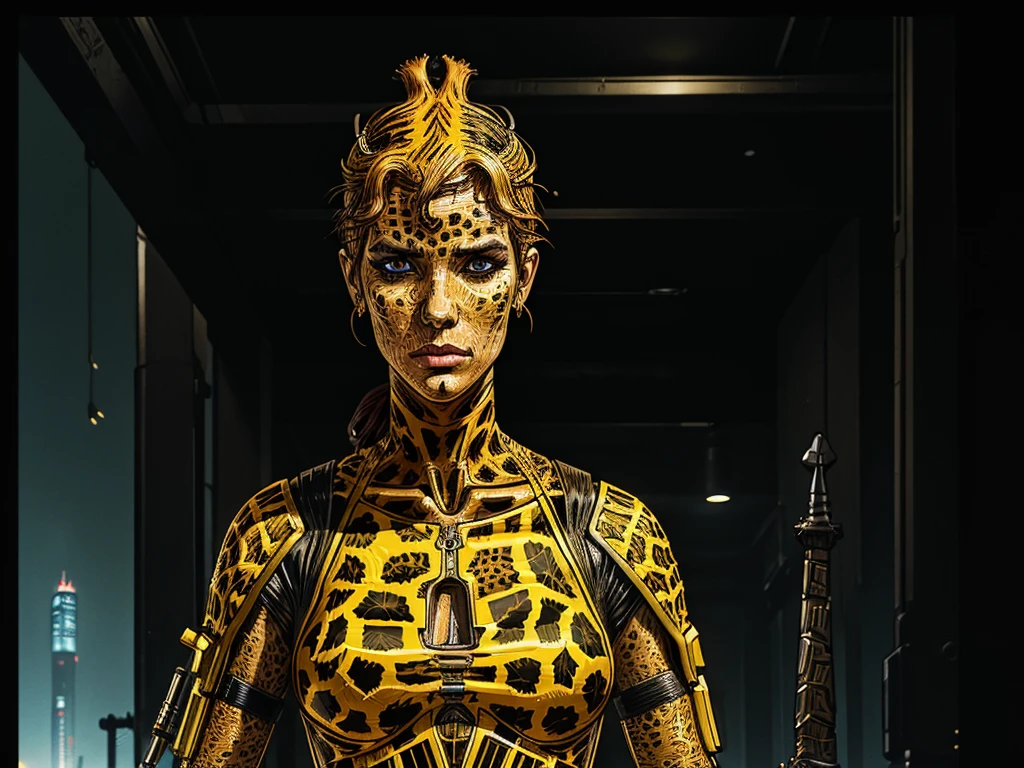 a (giraffe pattern outfit) yellow and black outfit,sword,beautiful cyberpunk woman,cyberpunk angry gorgeous goddess,beautiful cyborg girl ,hyper realistic,intricate details,cinematic lighting,vibrant colors,award winning,stunning,masterpiece