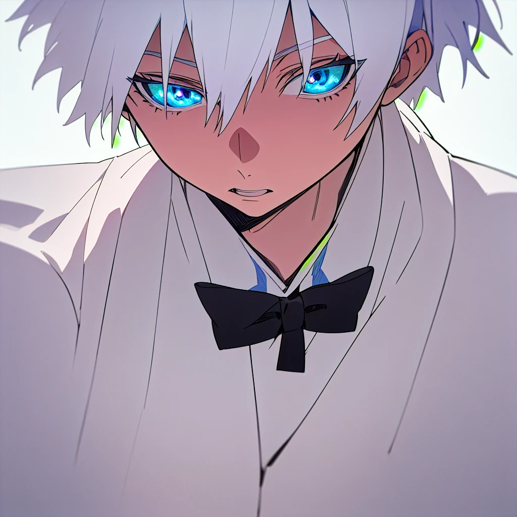 satoru gojo, white hair, blue eyes, wearing a black bowtie and tuxedo, standing on the lunar surface (best quality,4k,8k,highres,masterpiece:1.2),ultra-detailed,(realistic,photorealistic,photo-realistic:1.37),detailed eyes,detailed lips,extremely detailed eyes and face,