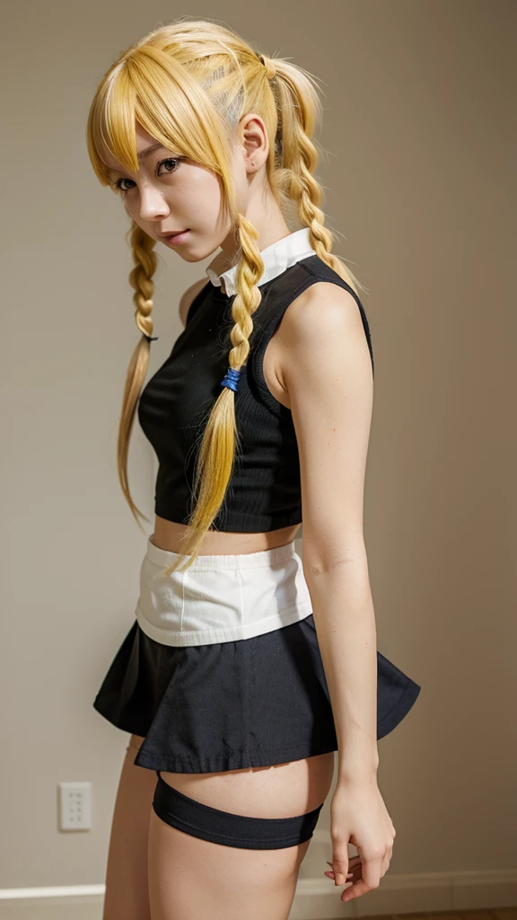 Anime girl in a short skirt without panties with yellow hair in pigtails on both sides.
