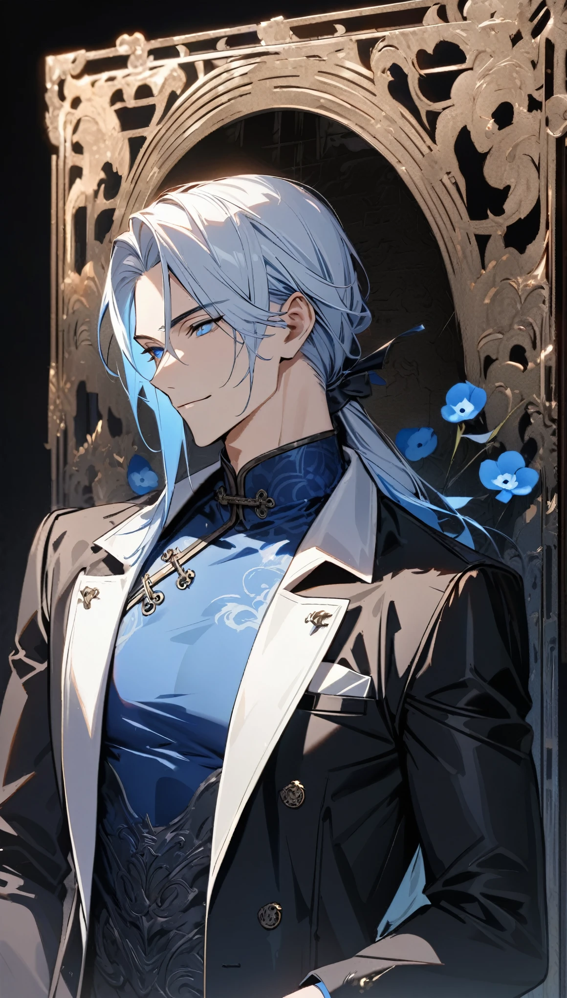 (masterpiece:1.5)，best quality，(1 Handsome man)，alone，white medium length hair，Low ponytail，(blue eyes), (A soft smile)，elegant，perfect face，Fantasy Chinese style，Long black trench coat，white and blue cloth，Complex clothing design with Chinese elements，Black leather gloves，white lining，White suit pants，Slightly muscular body，High，8K，Beautiful contrast of light and shadow，Dark luxury background，(complete upper body)，Positive face，((Nemophila))，luxury screen，blue flowers