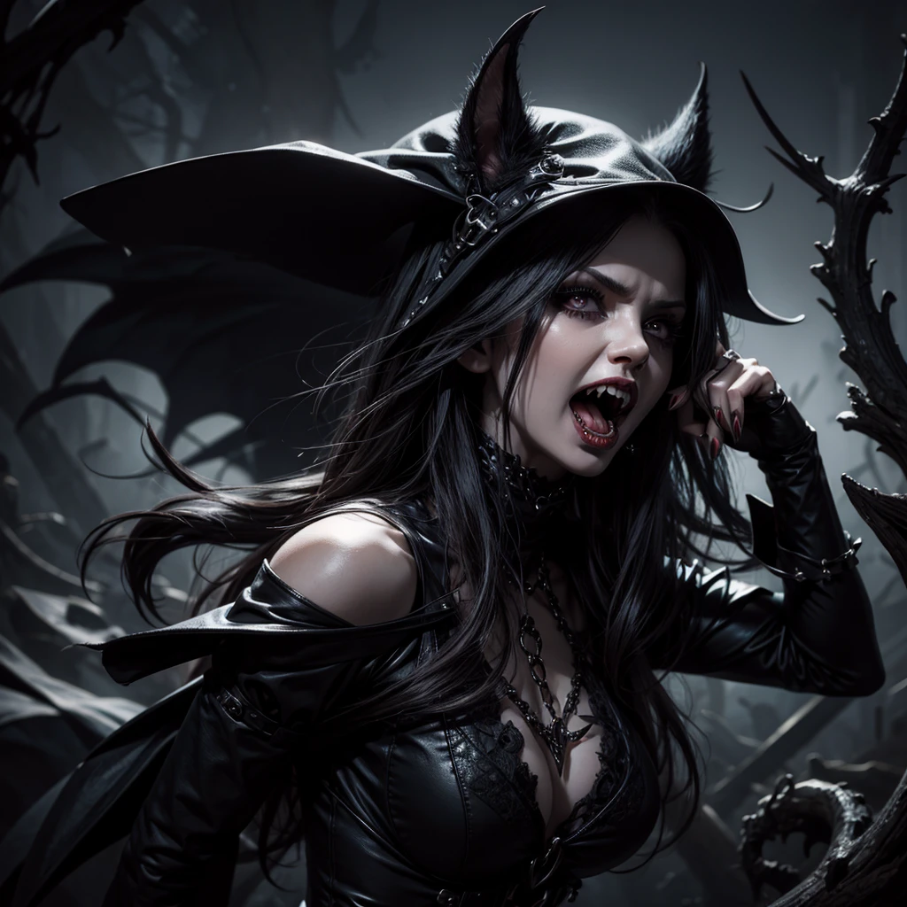 dark gothic female vampire with an open mouth showing her sharp fangs as if she wanted to bite at the camera
