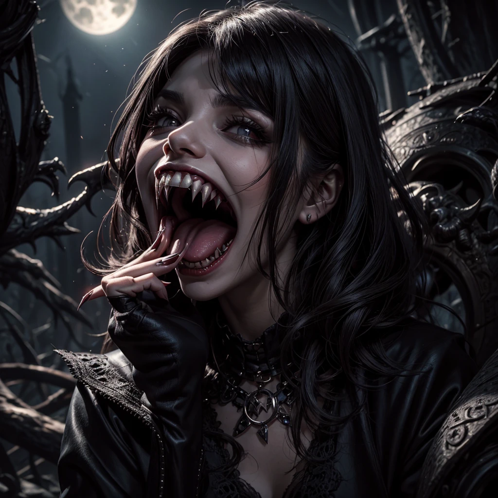 dark gothic female vampire with an open mouth showing her sharp fangs as if she wanted to bite at the camera