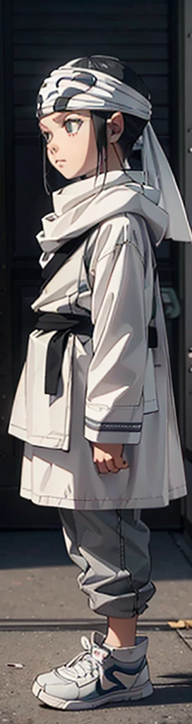 Gray clothing Detailed face Looking at viewer emotionless eyess emotionless expressionless Beautiful kid face quality clothing Extremely beautiful cute kid 7year old kid kid body extremely detailed clothing expensive cowl bandana on forehead profile image full body image style beautiful kid face side view ultra cute face kid beautiful kid kid like face 1080 16k very_high_resolution