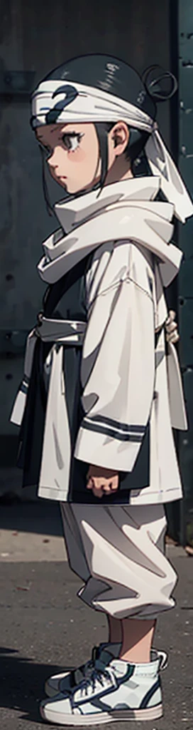 Gray clothing Detailed face Looking at viewer emotionless eyess emotionless expressionless Beautiful kid face quality clothing Extremely beautiful cute kid 7year old kid kid body extremely detailed clothing expensive cowl bandana on forehead profile image full body image style beautiful kid face side view ultra cute face kid beautiful kid kid like face 1080 16k very_high_resolution