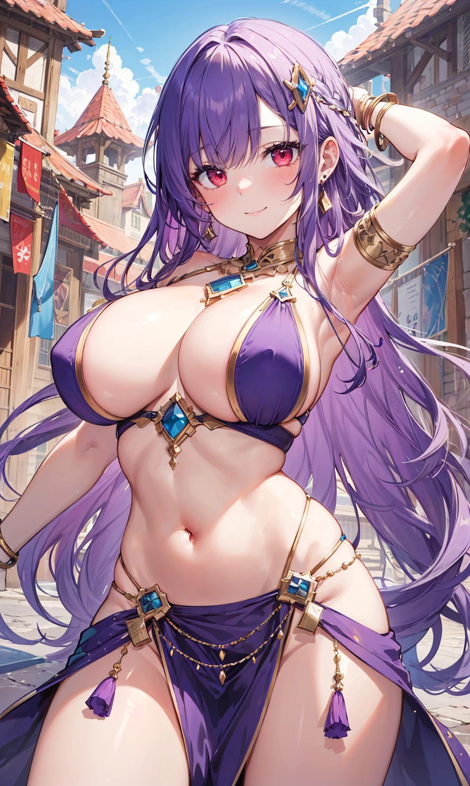 high quality, ultra detailed, best quality, insanely detailed, beautiful, masterpiece, 1girl, medieval plaza, cowboy shot, red eyes, long hair, purple hair, belly dancer, circlet, earrings, armlets, bracelets, bashful smile, large breasts, cleavage, soft stomach