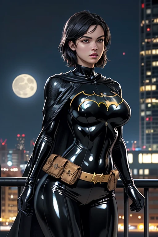 (ultra realistic,32k, masterpiece:1.2),(high detailed skin:1.1),( high quality:1.1), batgirl aged 23
cassandra, black hair, short hair, cape, bodysuit, black bodysuit, belt, belt pouch, black gloves, black pants, shiny latex, , huge COLOSSAL PERKY breastS, 
,(glow in the dark:1.1), GOTHAN CITY background, NIGHTIME, fullmoon