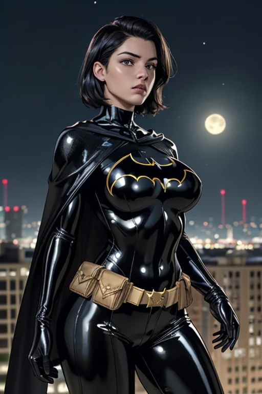 (ultra realistic,32k, masterpiece:1.2),(high detailed skin:1.1),( high quality:1.1), batgirl aged 23
cassandra, black hair, short hair, cape, bodysuit, black bodysuit, belt, belt pouch, black gloves, black pants, shiny latex, , huge COLOSSAL PERKY breastS, 
,(glow in the dark:1.1), GOTHAN CITY background, NIGHTIME, fullmoon