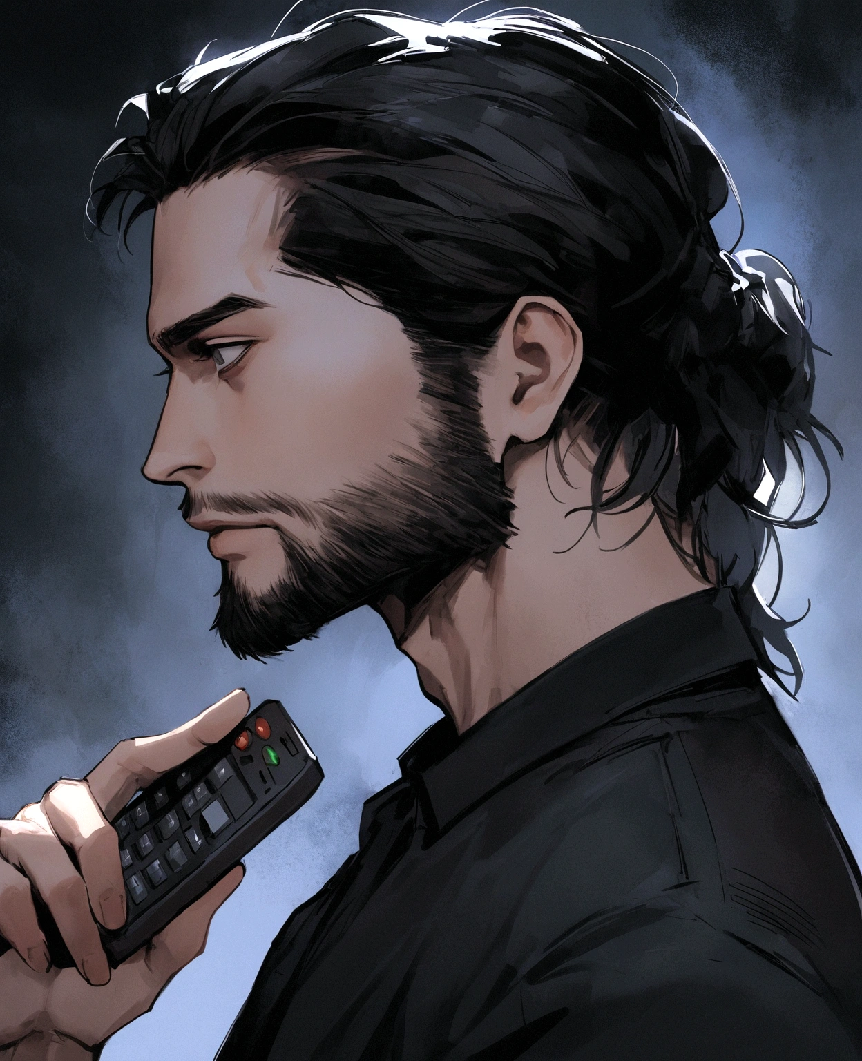 there is a man that is sitting down with a remote in his hand, borja, aykut aydogdu, sideburns, with a beard and a black shirt, profile portrait, young spanish man, profile shot, looking to the side off camera, enes dirig, avatar image, looking to his side, edin durmisevic, nekro borja