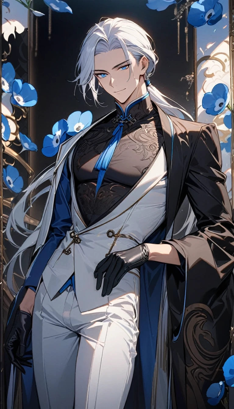 (masterpiece:1.5)，best quality，(1 Handsome man)，alone，white medium length hair，Low ponytail，(blue eyes), (A soft smile)，elegant，perfect face，Fantasy Chinese style，Long black trench coat，white and blue cloth，Complex clothing design with Chinese elements，Black leather gloves，white lining，White suit pants，Slightly muscular body，High，8K，Beautiful contrast of light and shadow，Dark luxury background，(complete upper body)，Positive face，((Nemophila))，luxury screen，blue flowers