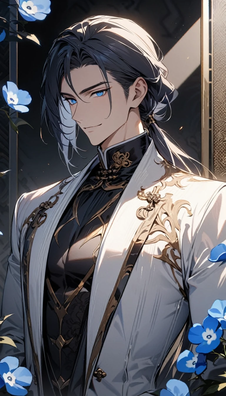 (masterpiece:1.5),best quality,(1 Handsome man),alone,white medium length hair,Low ponytail,(blue eyes), (A soft smile),elegant,perfect face,Fantasy Chinese style,Long black trench coat,white and blue cloth,Complex clothing design with Chinese elements,Black leather gloves,white lining,White suit pants,Slightly muscular body,High,8K,Beautiful contrast of light and shadow,Dark luxury background,(complete upper body),Positive face,((Nemophila)),luxury screen,blue flowers