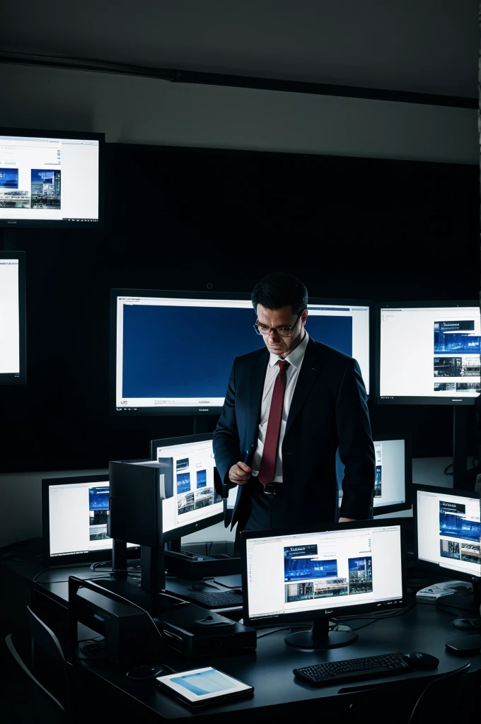 Investigator man examining digital evidence on multiple monitors in a darkened room