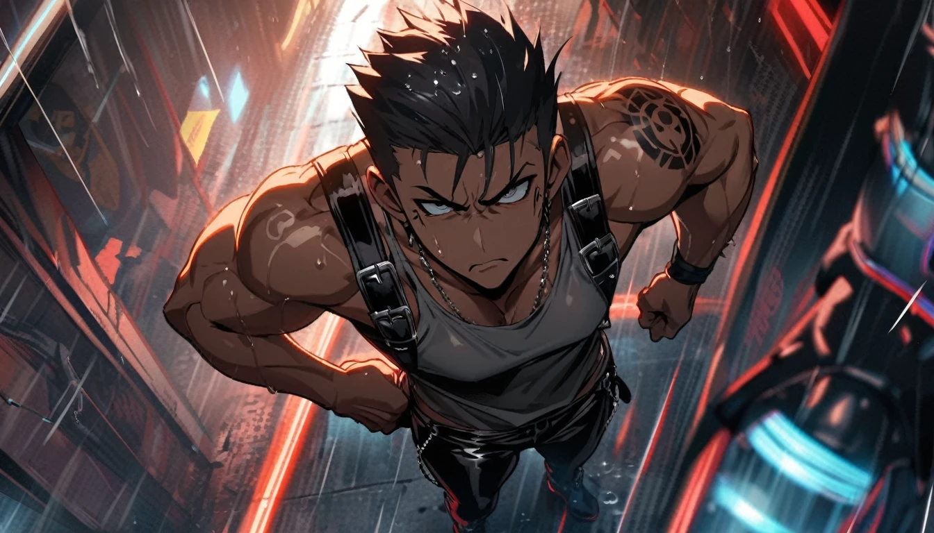 tanned skin, masculine badass, v-rays, thighs, seen from slightly above centre, posing aggressively, looking at us, raining, wet, dripping, shocking black hair, punk, cum gutters, v-line:1.5, futuristic elements, light body hair, leather pants with red pattern, tattoos, ((athletic)), scowling, ((he is solo)), ((he is alone)), gray tank top, black leather jacket
Estima