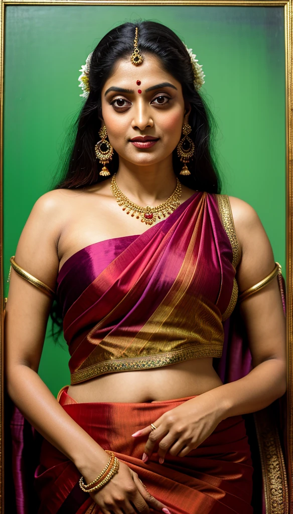 Beautiful painting of a woman in a sari with a necklace and earrings, looks like Sandeepa Dhar, inspired by Raja Ravi Varma, szukalski ravi varma, portrait of a beautiful goddess, by Raja Ravi Varma, indian goddess, traditional beauty, a stunning portrait of a goddess, inspired by T. K. Padmini, indian art, indian goddess of wealth, portrait of a goddess