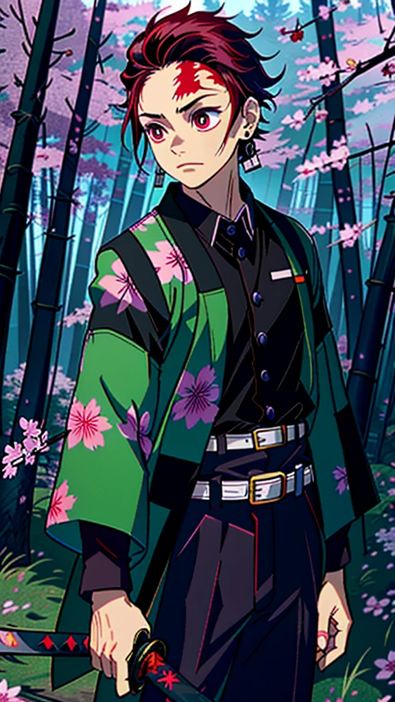 (Tanjiro), (Scar, Scar on forehead, Checkered Clothes, man, Red Hair:1.2), ((OriginalOutfit)), (green and black checkered jacket, black shirt, black baggy pants:1.2), (holding a katana:1.5), (male), (cherry blossom forest background, forest, grass, cherry blossom flowers:1.5), (realistic:1.2), (masterpiece:1.2), (full-body-shot:1),(Cowboy-shot:1.2), neon lighting, dark romantic lighting, (highly detailed:1.2),(detailed face:1.2), (gradients), colorful, detailed eyes, (natural lighting:1.2), (dynamic pose:1.2), (solo, one person, 1girl:1.5),