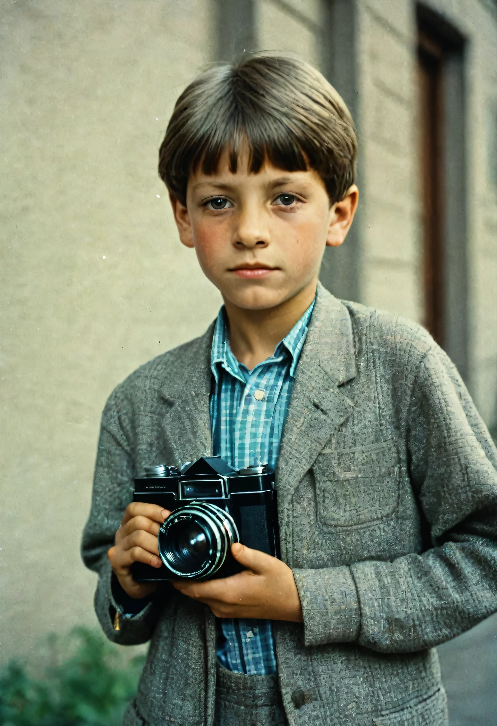 Color photo of a 12 year old boy from the USSR in 1980 with a camera "Zenith" in hand