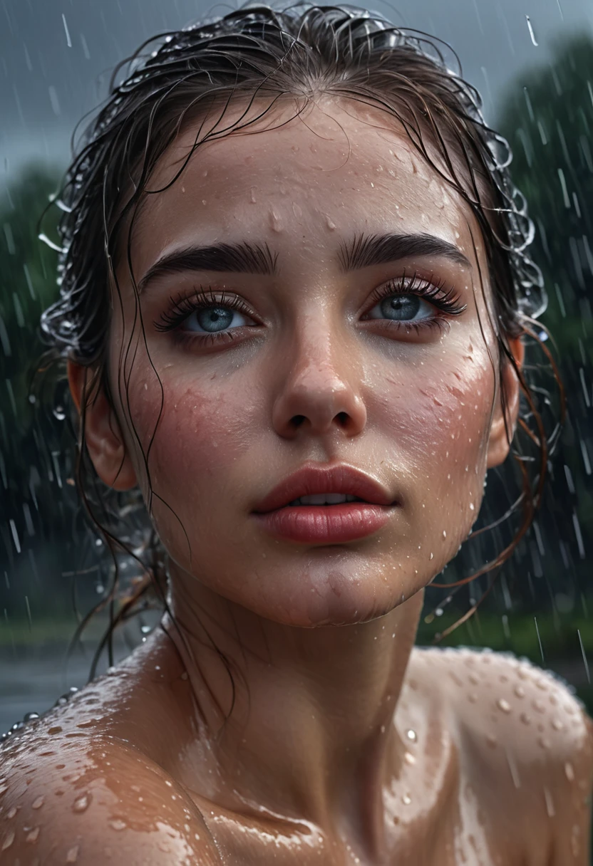 a woman hugging herself in the rain, solo female, beautiful detailed eyes, beautiful detailed lips, extremely detailed face, longeyes lashes, wet skin, rain, dark cloudy sky, moody atmosphere, dramatic lighting, realistic, photorealistic, photo-realistic:1.37, best quality, 8k, ultra-detailed, masterpiece:1.2, dramatic, cinematic, realistic portrait