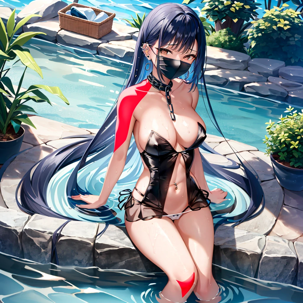 A young woman with a beautiful face and large eyes, wearing a revealing outfit that exposes her chest and bottom, bathing alone in a lake. She has a slender figure with small breasts, wearing a white frilly panty. Her genitals and nipples with piercings are visible as she sits with her knees spread wide. There is a collar with a chain around her neck. The scene is realistic, with vivid colors and high detail.