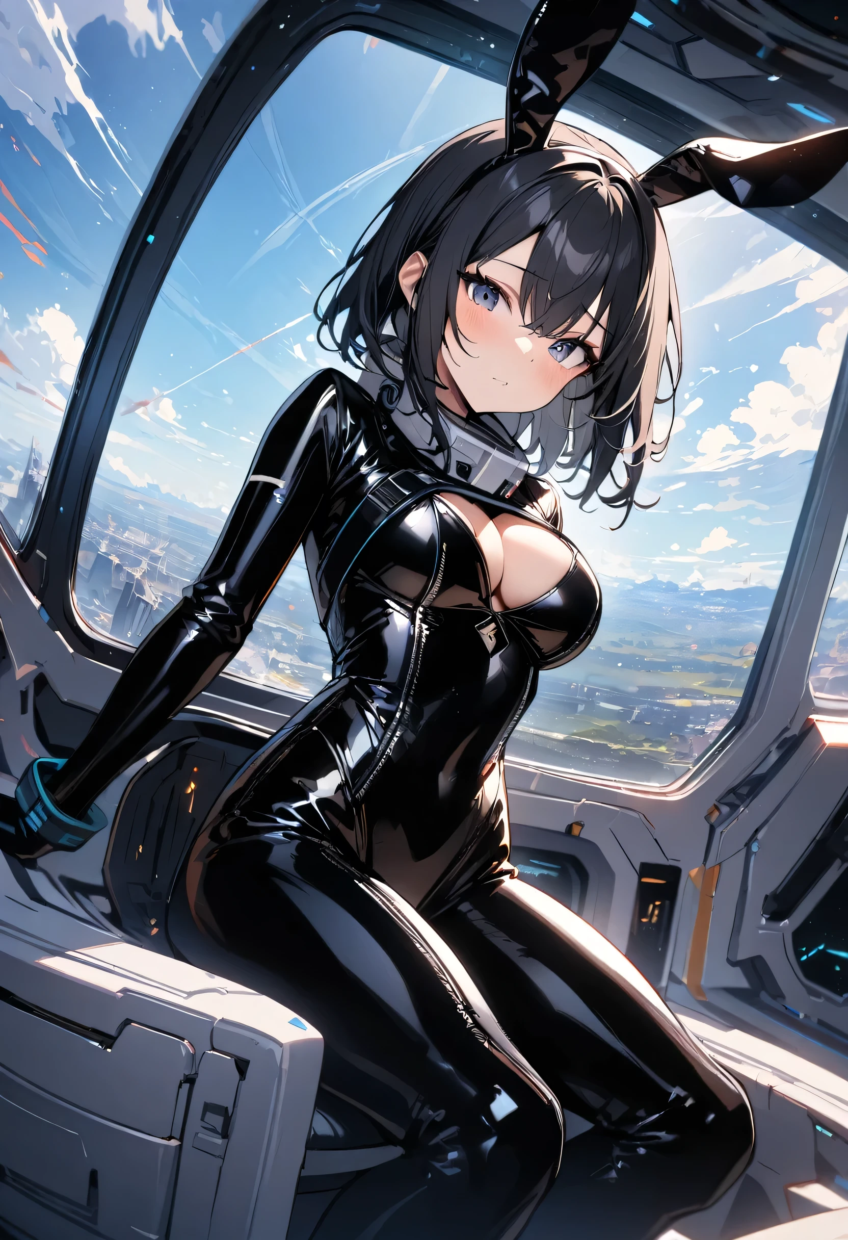 Masterpiece, best quality, 1girl, bunny girl, black latex spacesuit, black hair, busty, small waist, in a spaceship, panorama window, bunny ears