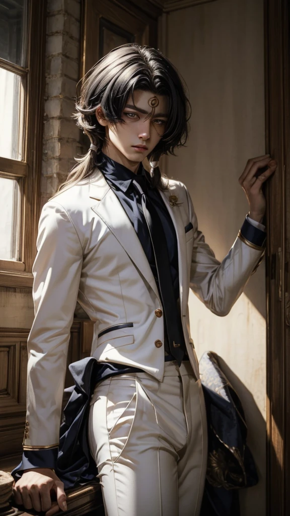 (masterpiece, best quality, detailed), 1boy androgynous and effeminate , solo, looking at viewer, candace, (pale skin, white-skinned boy androgynous 1.3),  no breasts, short hair with long locks, sidelocks, long hair, ((heterochromia)),
pant suit, suit, formal, white short, white Tights , necktie, white pull, basement, (black:1.5), dimly lit, ojou-sama pose, He has an indifferent expression 