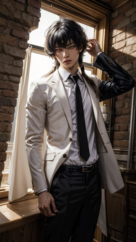 (masterpiece, best quality, detailed), 1boy androgynous and effeminate , solo, looking at viewer, candace, (pale skin, white-skinned boy androgynous 1.3),  no breasts, short hair with long locks, sidelocks, long hair, ((heterochromia)),
pant suit, suit, formal, white short, white Tights , necktie, white pull, basement, (black:1.5), dimly lit, ojou-sama pose, He has an indifferent expression 