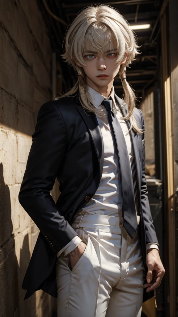 (masterpiece, best quality, detailed), 1boy androgynous and effeminate , solo, looking at viewer, candace, (pale skin, white-skinned boy androgynous 1.3),  no breasts, short hair with long locks, sidelocks, long hair, ((heterochromia)),
pant suit, suit, formal, white short, white Tights , necktie, white pull, basement, (black:1.5), dimly lit, ojou-sama pose, He has an indifferent expression 