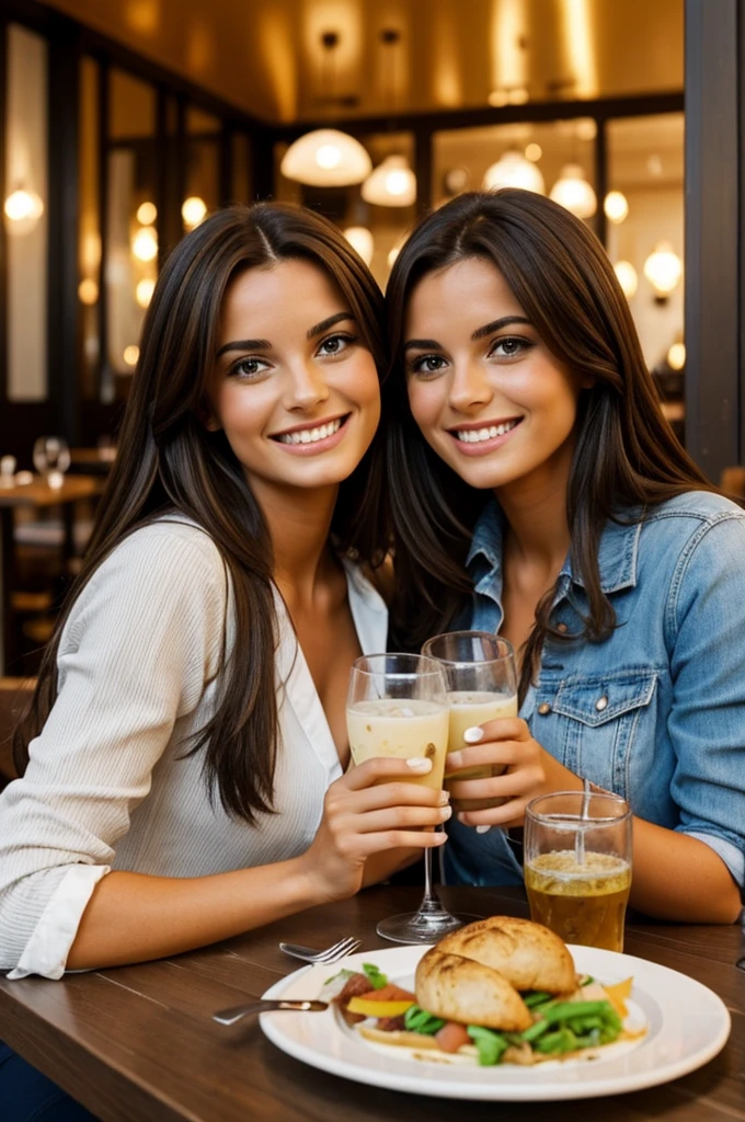 Belle femme brune au restaurant avec sa copine