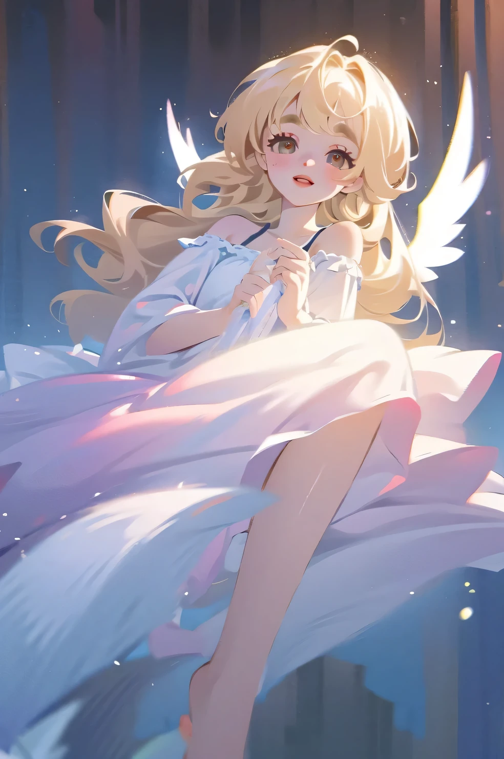 (High quality) (best quality) (A woman) (correct physiognomy) (best quality, 4k, 8K, high resolution, masterpiece: 1.2) woman, Extremely beautiful, Around 20 years old, long blonde hair with bangs on the back front, four small angel wings emerge from her head, two on the left side and two on the right side, two angel wings coming out of her back, a golden halo behind her head, golden eyes, sensitive lips, middle age, white dress with straps on the shoulders, skirt cut diagonally leaving one leg exposed, soft facial features, fine eyebrows, soft skin, slightly rosy cheeks, pink lips, silky eyelashes, dreamy expression, photo location the woman must be in a pond with water and fish in the middle of the forest, photo illuminated by sunlight, full body proportion, showing in the photo the body from head to torso